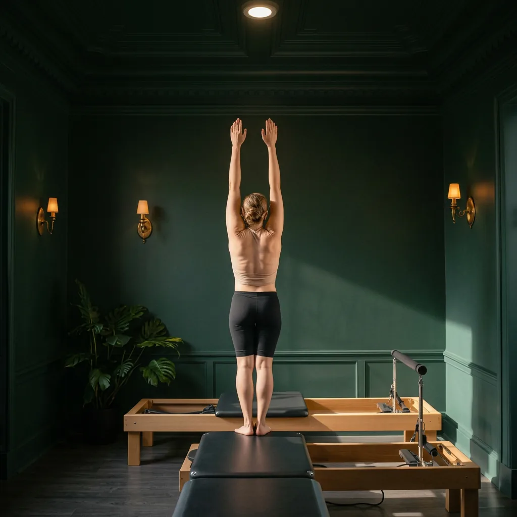 Pilates client poised on a reformer inside the studio