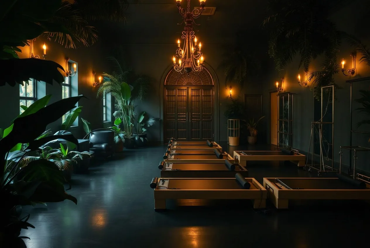 Reformer surrounded by plants under warm brass light